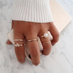 Romantic Pearl Love Heart Crystal Adjustable Geometric Gold Ring Set